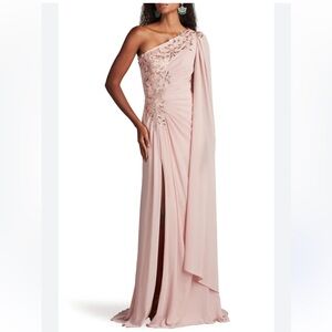 Tadashi Shoji Sonora Cape Sleeve Gown Dress Sequin One Shoulder blush pink Sz 2